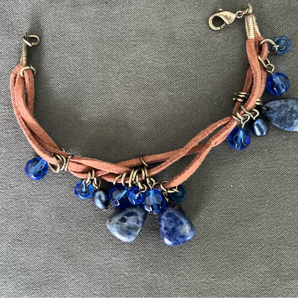 Bohemian Blue and Brown Leather Bracelet with Sodalite Charms